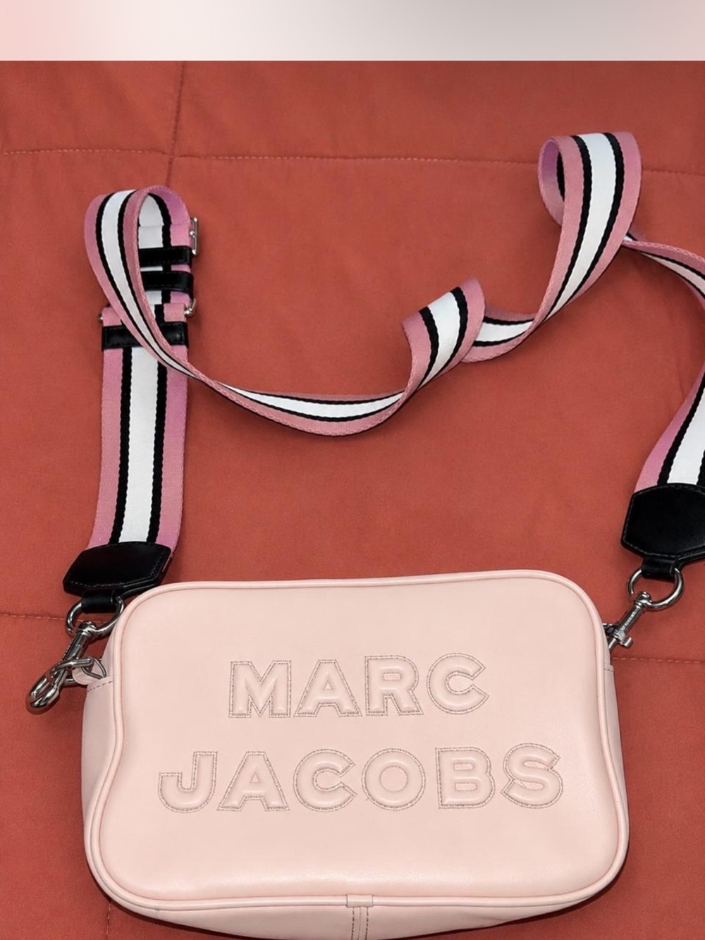 Marc Jacobs Flash Pink Logo Camera Bag with Striped Strap
